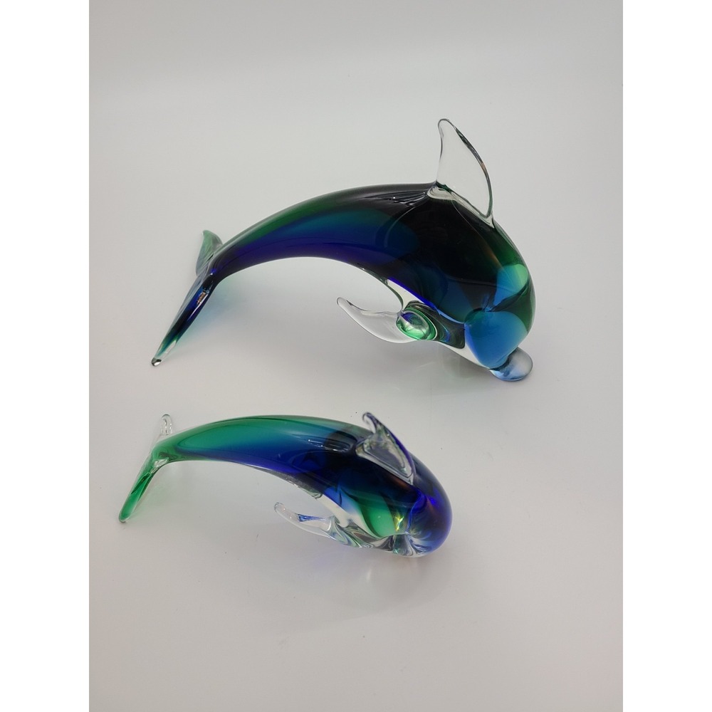 Handmade Art Glass Dolphin Figurines Often Created In The Murano Style Set of 2